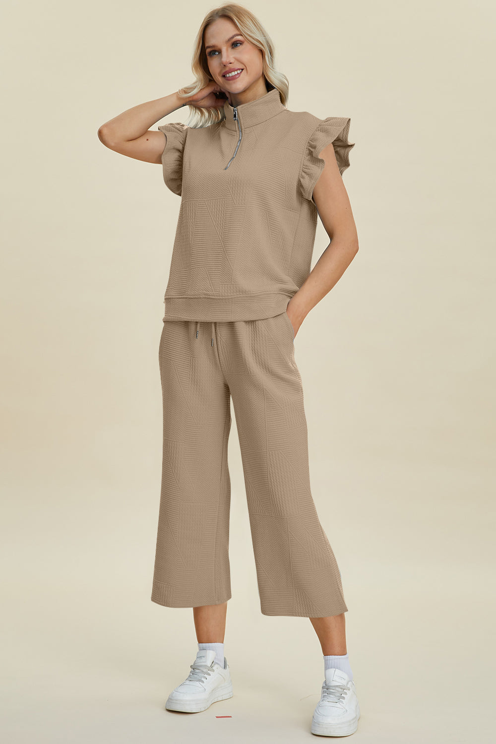 Double Take Full Size Texture Ruffle Short Sleeve Top and Wide Leg Pants Set Double Take Full Size Texture Ruffle Short Sleeve Top and Wide Leg Pants Set