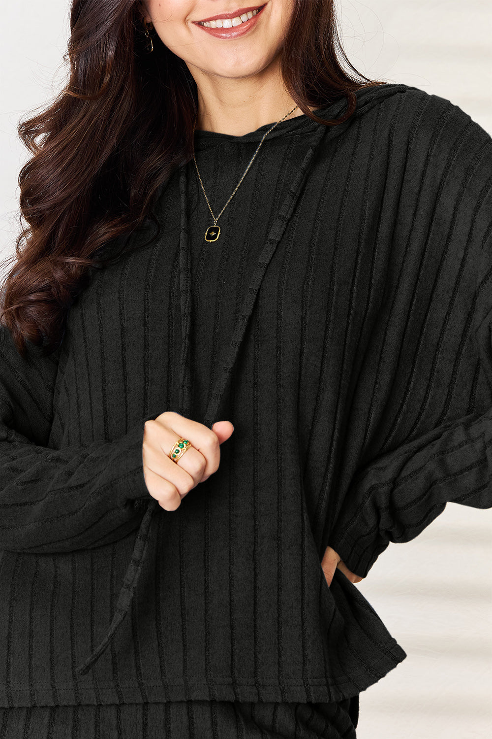 Basic Bae Full Size Ribbed Drawstring Hooded Top and Straight Pants Set Basic Bae Full Size Ribbed Drawstring Hooded Top and Straight Pants Set - TopFashionHQ