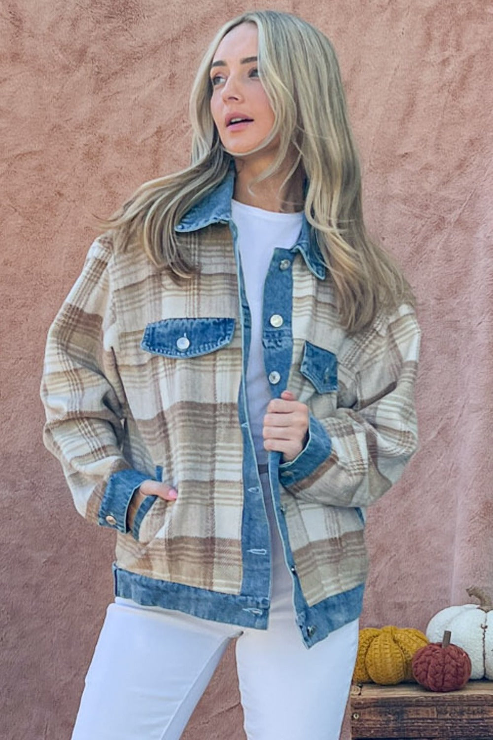 And The Why Full Size Washed Denim Detail Brushed Plaid Jacket And The Why Full Size Washed Denim Detail Brushed Plaid Jacket - TopFashionHQ