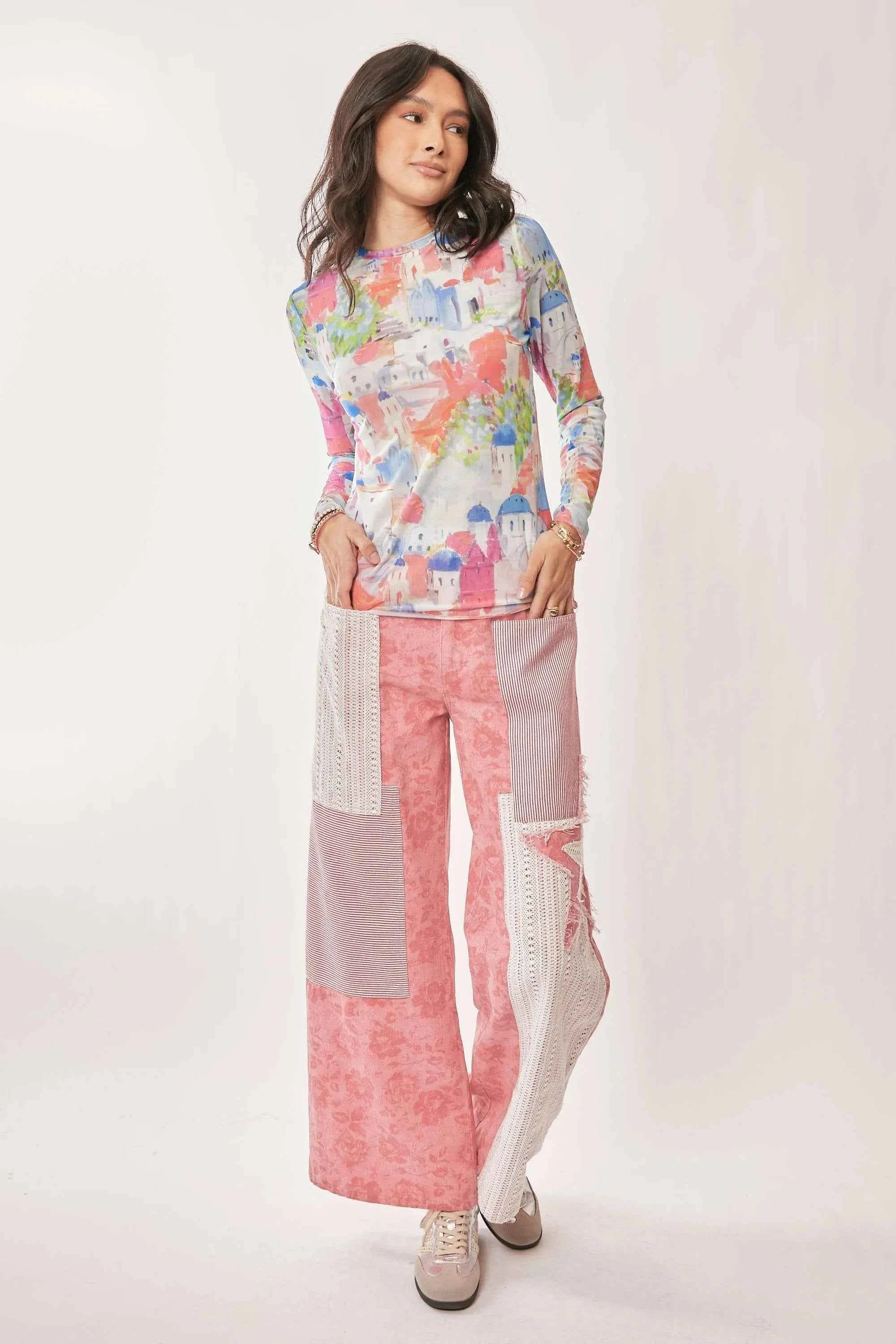 Davi & Dani Multi Printed Mesh Round Neck Long Sleeve Top Davi & Dani Multi Printed Mesh Round Neck Long Sleeve Top