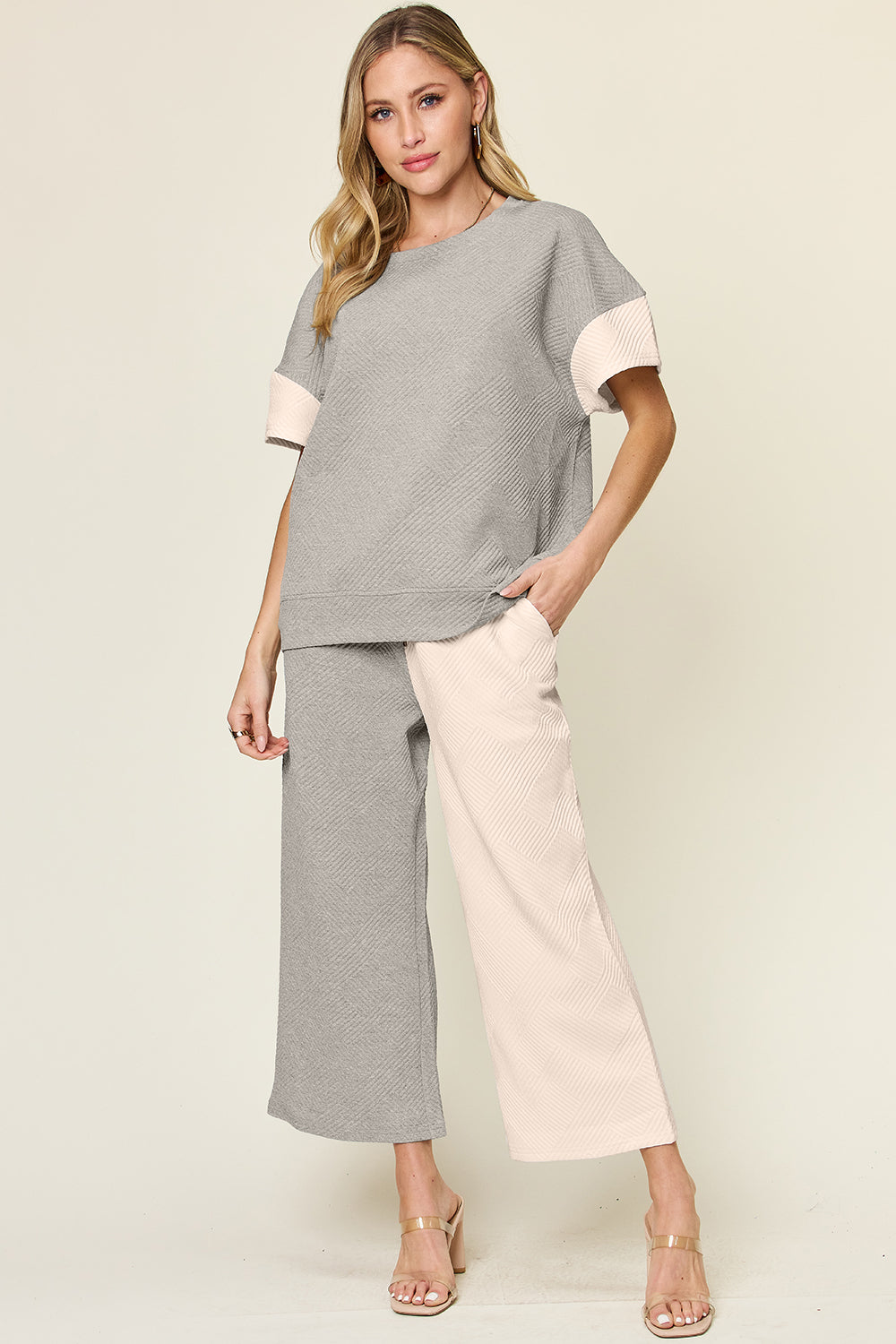 Double Take Full Size Texture Contrast T-Shirt and Wide Leg Pants Set Double Take Full Size Texture Contrast T-Shirt and Wide Leg Pants Set