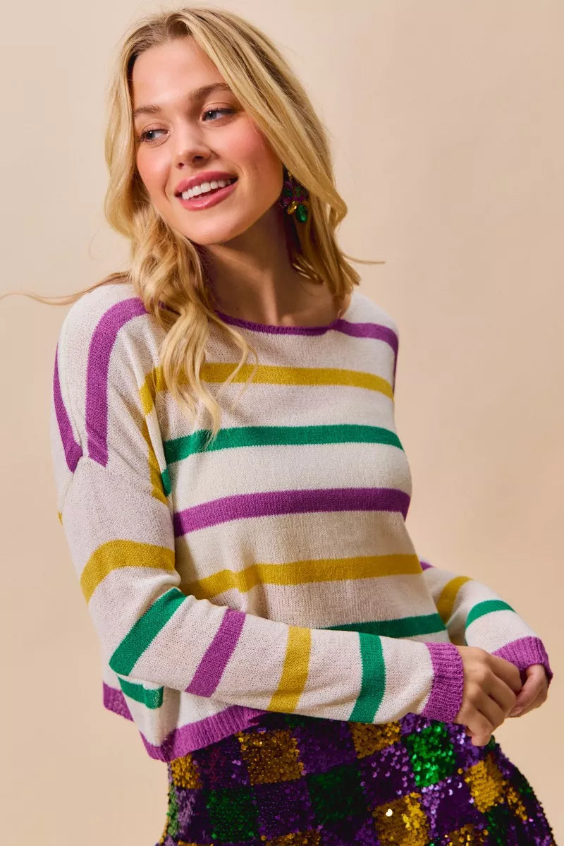 SO ME Mardi Gras Color Stripe Lightweight Sweater Top 723965a0e8fe46c9873785d1b276a768-Max-Origin