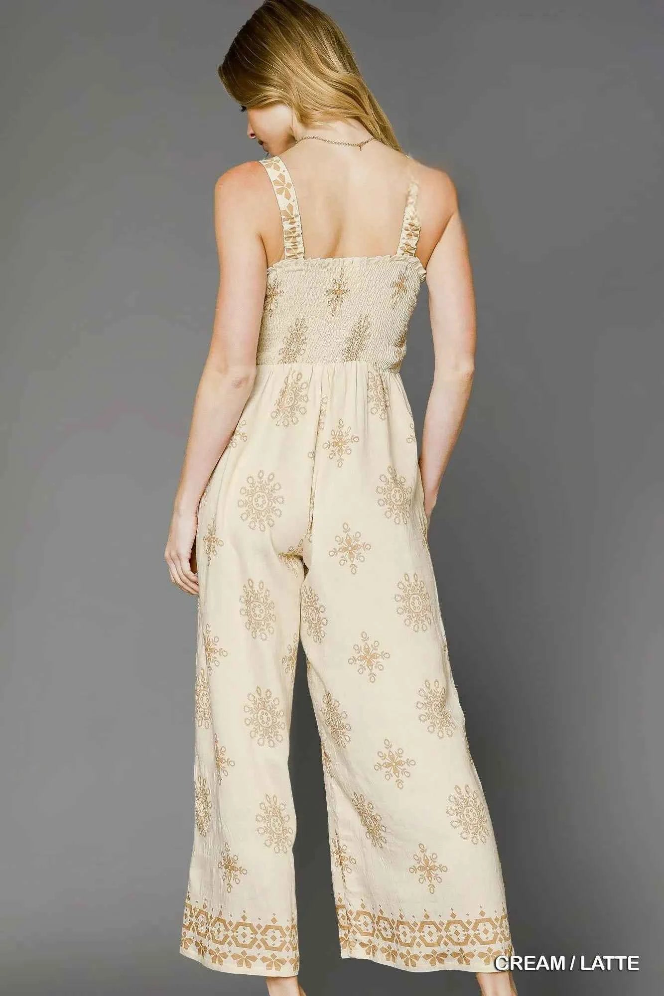 Umgee Smocked Printed Wide Leg Jumpsuit Umgee Smocked Printed Wide Leg Jumpsuit