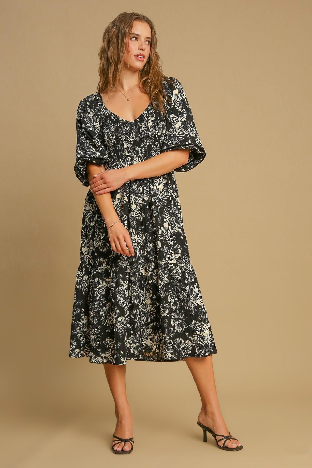 Umgee Ruffle Hem Flower Printed V-Neck Dress Umgee Ruffle Hem Flower Printed V-Neck Dress - TopFashionHQ