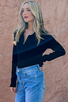 And The Why Full Size Johnny Collar Long Sleeve Ribbed Bodysuit - TopFashionHQ