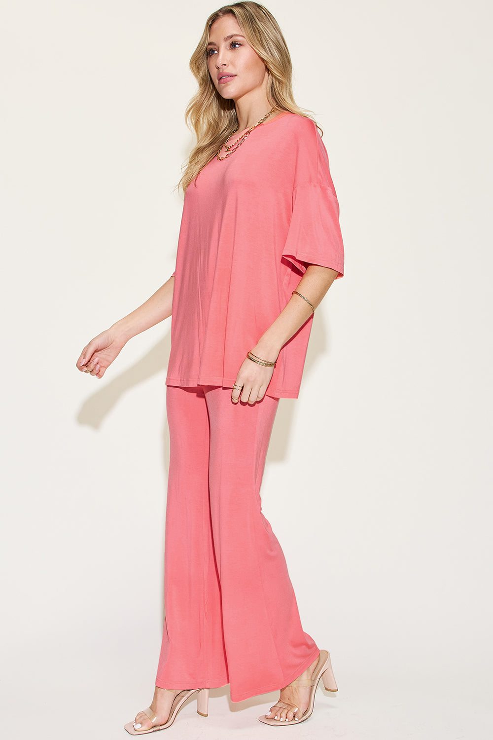 Basic Bae Full Size Bamboo Drop Shoulder T-Shirt and Flare Pants Set Basic Bae Full Size Bamboo Drop Shoulder T-Shirt and Flare Pants Set