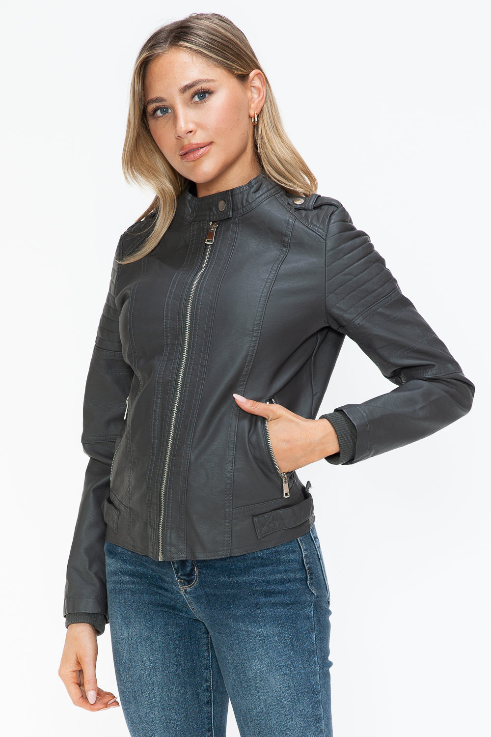 Snobbish PU Leather Biker Jacket with Side Zip Pockets Snobbish PU Leather Biker Jacket with Side Zip Pockets - TopFashionHQ