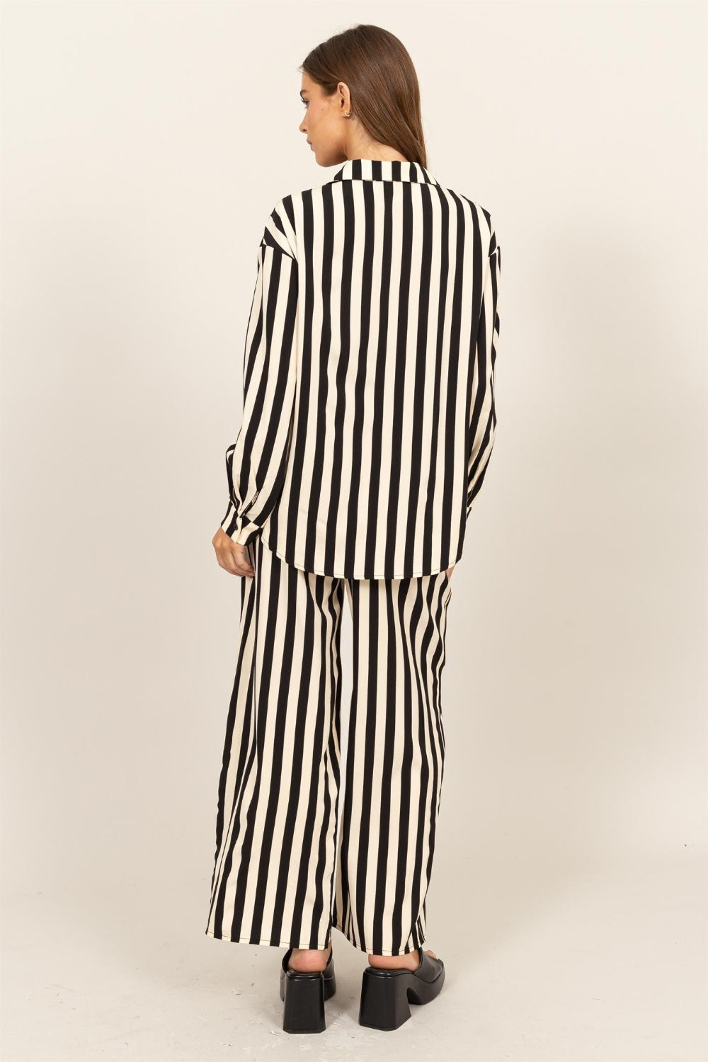 HYFVE Striped Button Up Shirt and Pants Set HYFVE Striped Button Up Shirt and Pants Set - TopFashionHQ