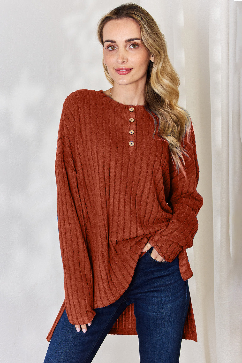 Basic Bae Full Size Ribbed Half Button Long Sleeve High-Low T-Shirt Basic Bae Full Size Ribbed Half Button Long Sleeve High-Low T-Shirt - TopFashionHQ