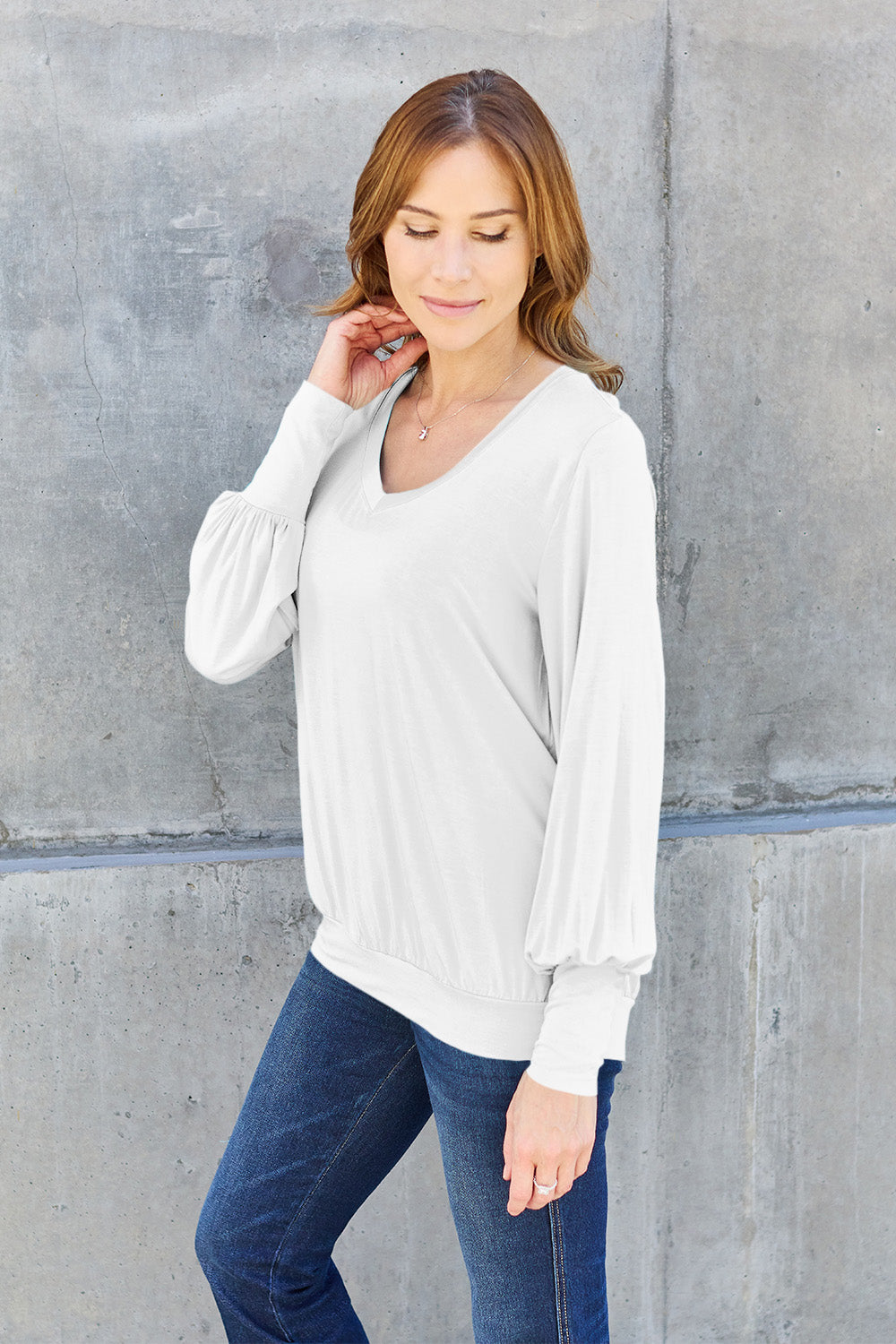 Basic Bae Full Size V-Neck Lantern Sleeve Blouse Basic Bae Full Size V-Neck Lantern Sleeve Blouse - TopFashionHQ