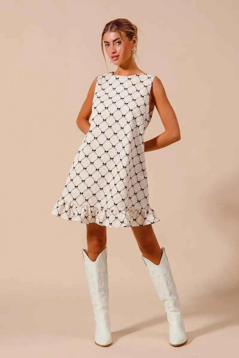 SO ME Texture Bow Printed Mini Ruffle Dress SO ME Texture Bow Printed Mini Ruffle Dress