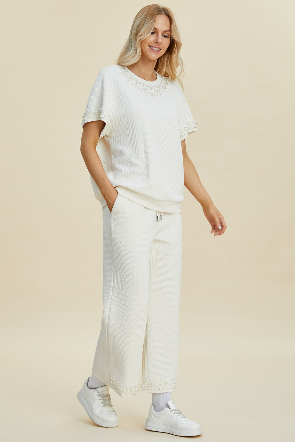 Double Take Full Size Pearl Detail Round Neck Top and Pants Set Double Take Full Size Pearl Detail Round Neck Top and Pants Set