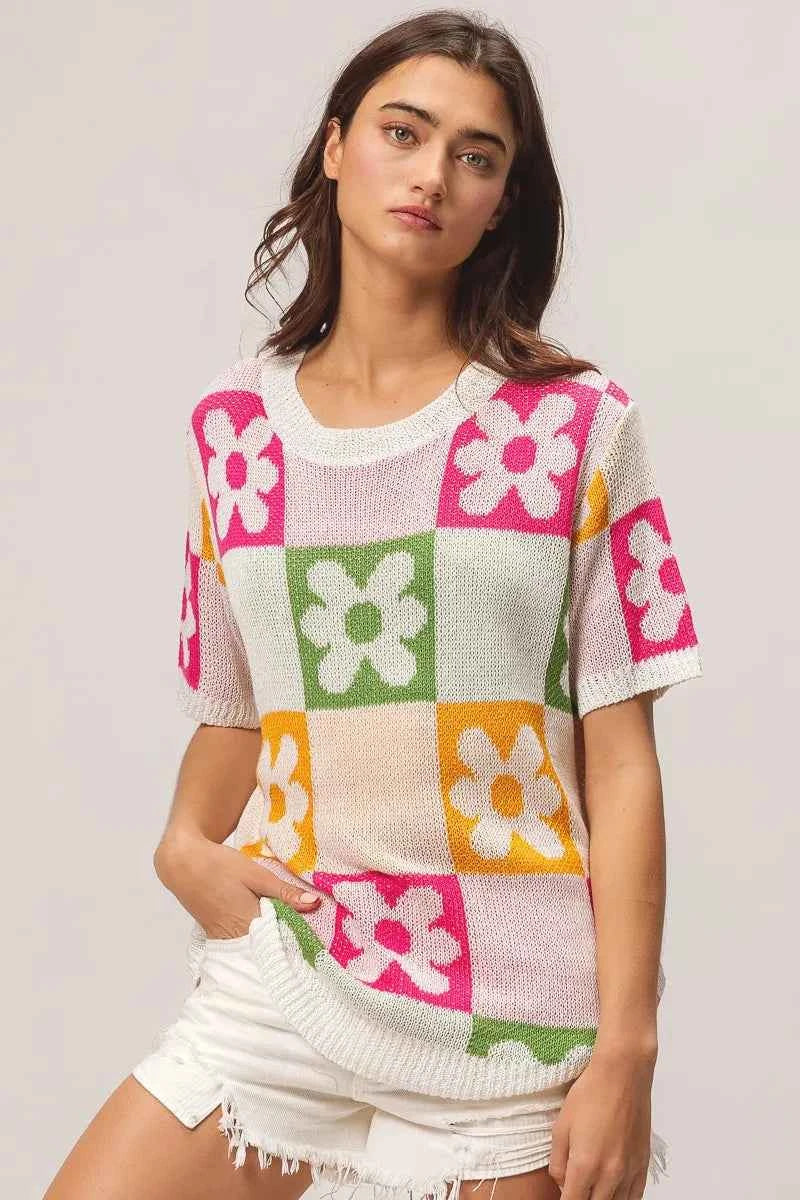 BiBi Flower Checker Pattern Lightweight Sweater Top BiBi Flower Checker Pattern Lightweight Sweater Top