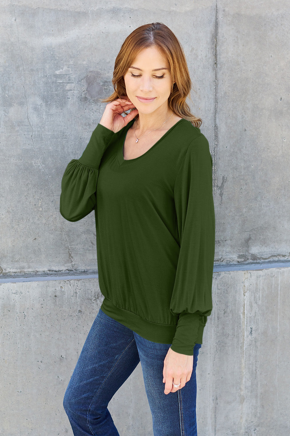 Basic Bae Full Size V-Neck Lantern Sleeve Blouse Basic Bae Full Size V-Neck Lantern Sleeve Blouse - TopFashionHQ