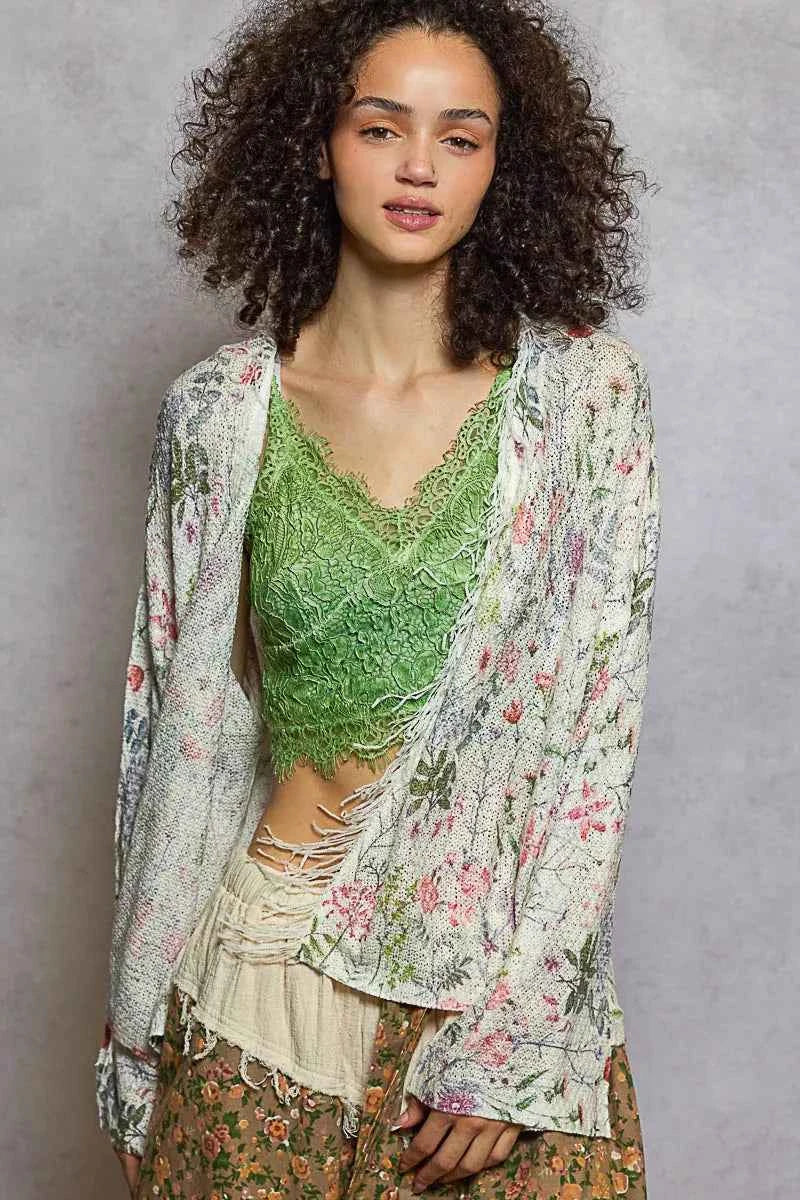 POL Open Front Floral Cardigan with Center Open Fringe POL Open Front Floral Cardigan with Center Open Fringe