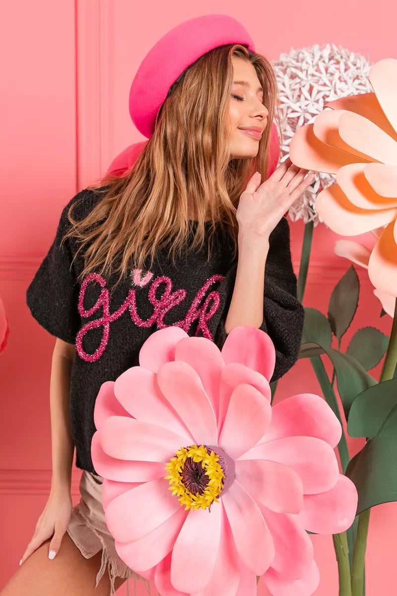 BiBi Metallic Letter Short Puff Sleeve Hairy Sweater 73bf1c08-5cfb-4b07-a5fb-60f5346b19b9-Max-Origin