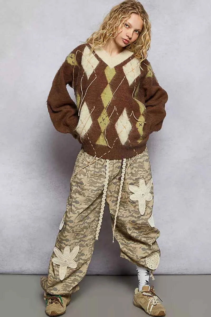 POL V-Neck Argyle Pattern Mohair Sweater with Contrast Exposed Stitch Detail POL V-Neck Argyle Pattern Mohair Sweater with Contrast Exposed Stitch Detail