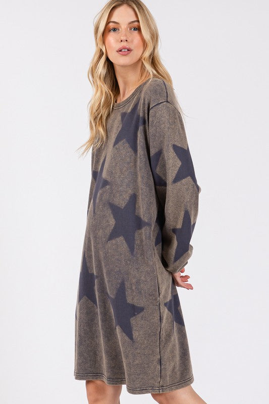 SAGE + FIG Washed Star Print Round Neck Dress SAGE + FIG Washed Star Print Round Neck Dress - TopFashionHQ