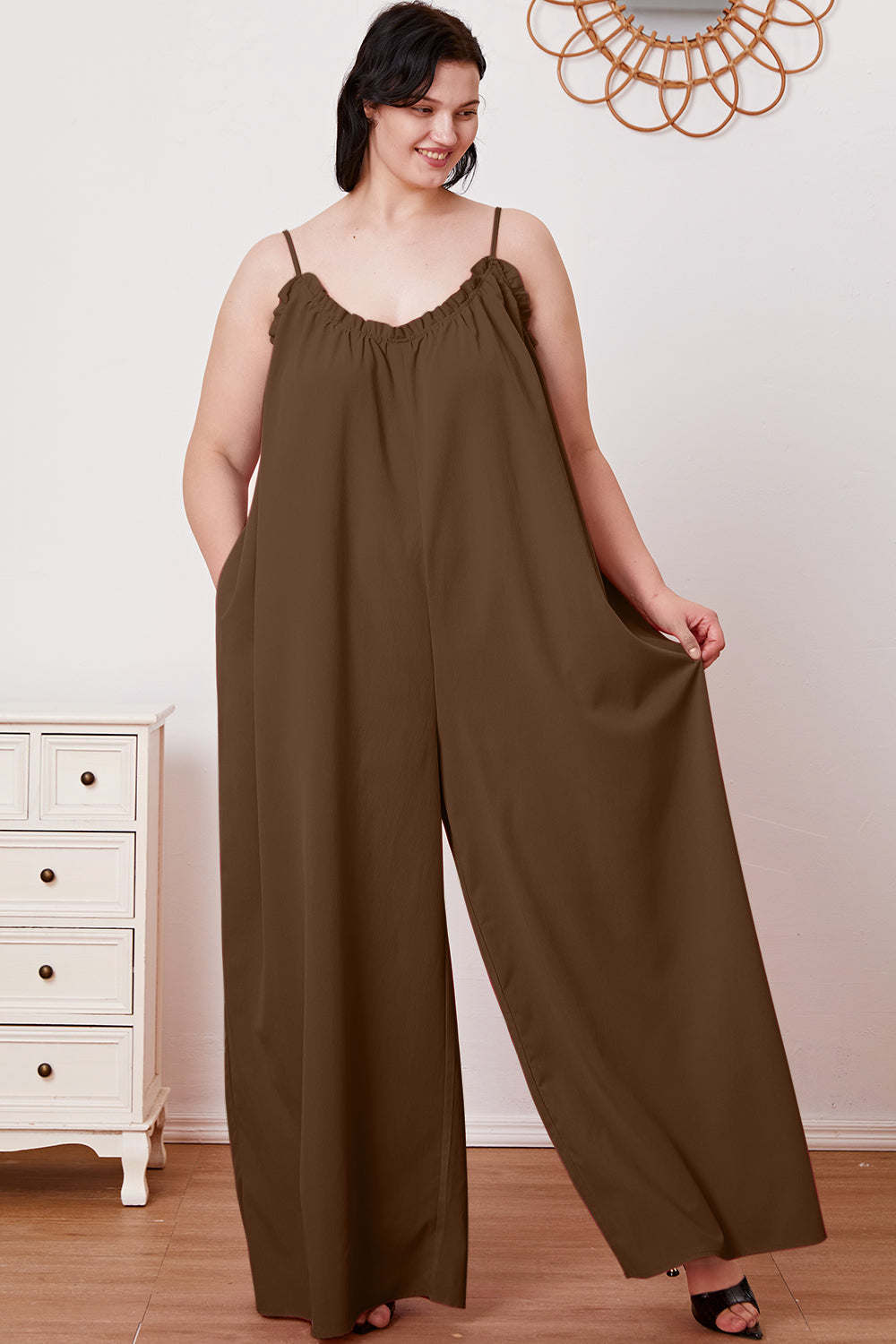 Double Take Full Size Ruffle Trim Tie Back Cami Jumpsuit with Pockets Double Take Full Size Ruffle Trim Tie Back Cami Jumpsuit with Pockets - TopFashionHQ