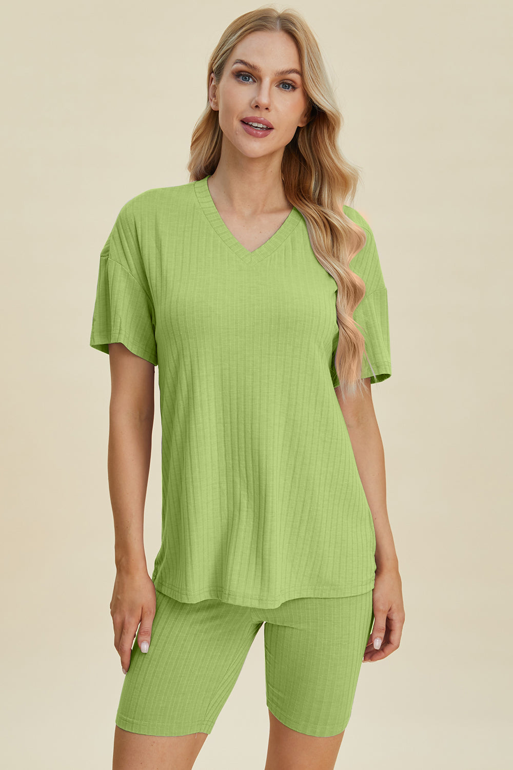 Basic Bae Full Size Ribbed V-Neck Short Sleeve Top and Shorts Set Basic Bae Full Size Ribbed V-Neck Short Sleeve Top and Shorts Set