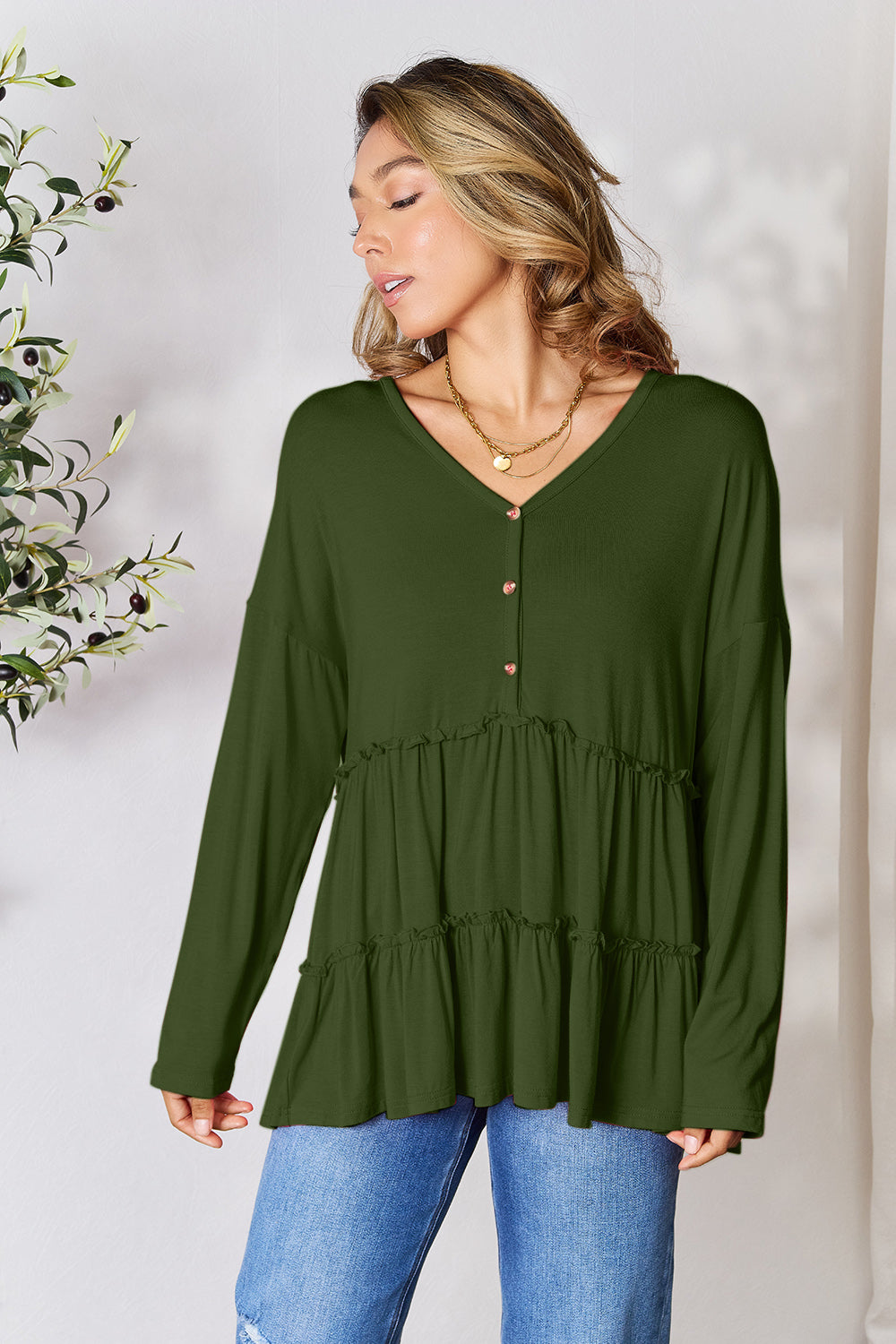 Double Take Half Button Long Sleeve Ruffle Hem Blouse Double Take Half Button Long Sleeve Ruffle Hem Blouse - TopFashionHQ