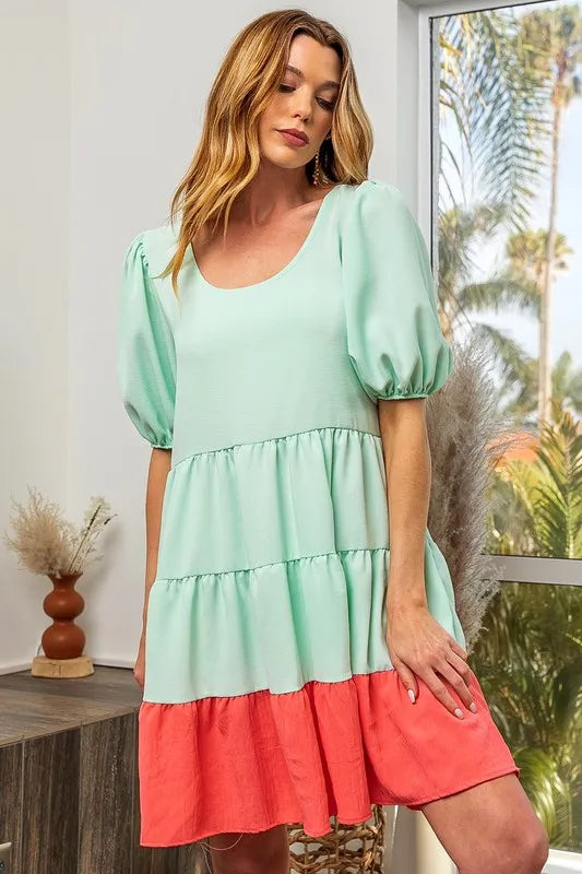 BiBi Two-Tone Balloon Sleeves U Neck Tiered Ruffle Hem Mini Dress 743084ae6da84103a152c5825405df91-Max-Origin