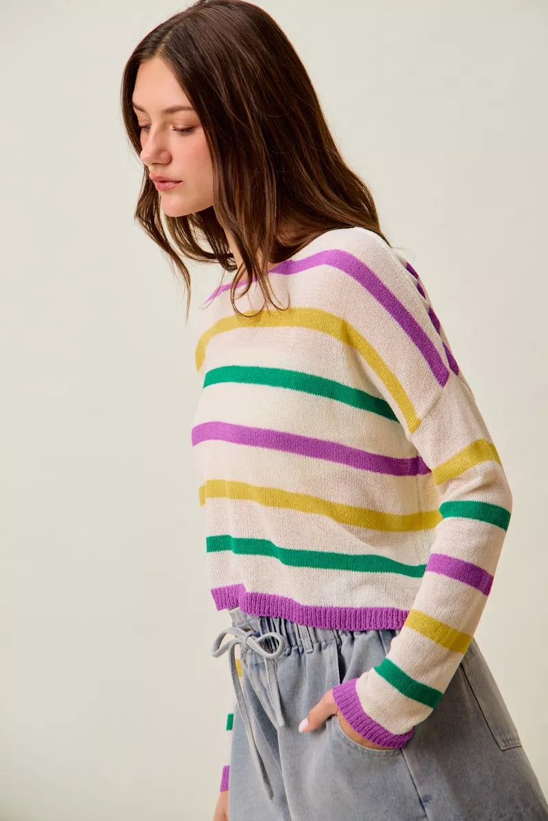 SO ME Mardi Gras Color Stripe Lightweight Sweater Top 743e6b9c63e14fe18fea46aa8e0db36e-Max-Origin