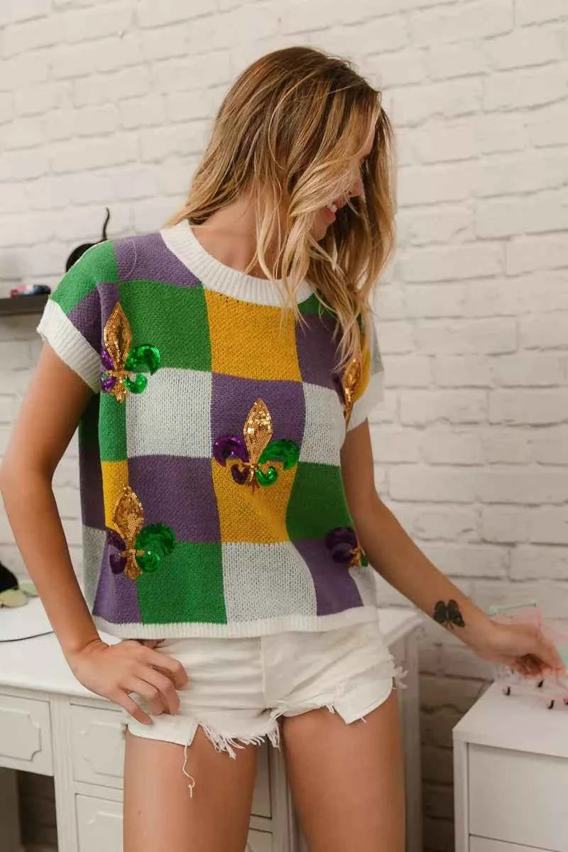 BiBi Sequin Embroidery Mardi Gras Checker Sweater Top BiBi Sequin Embroidery Mardi Gras Checker Sweater Top