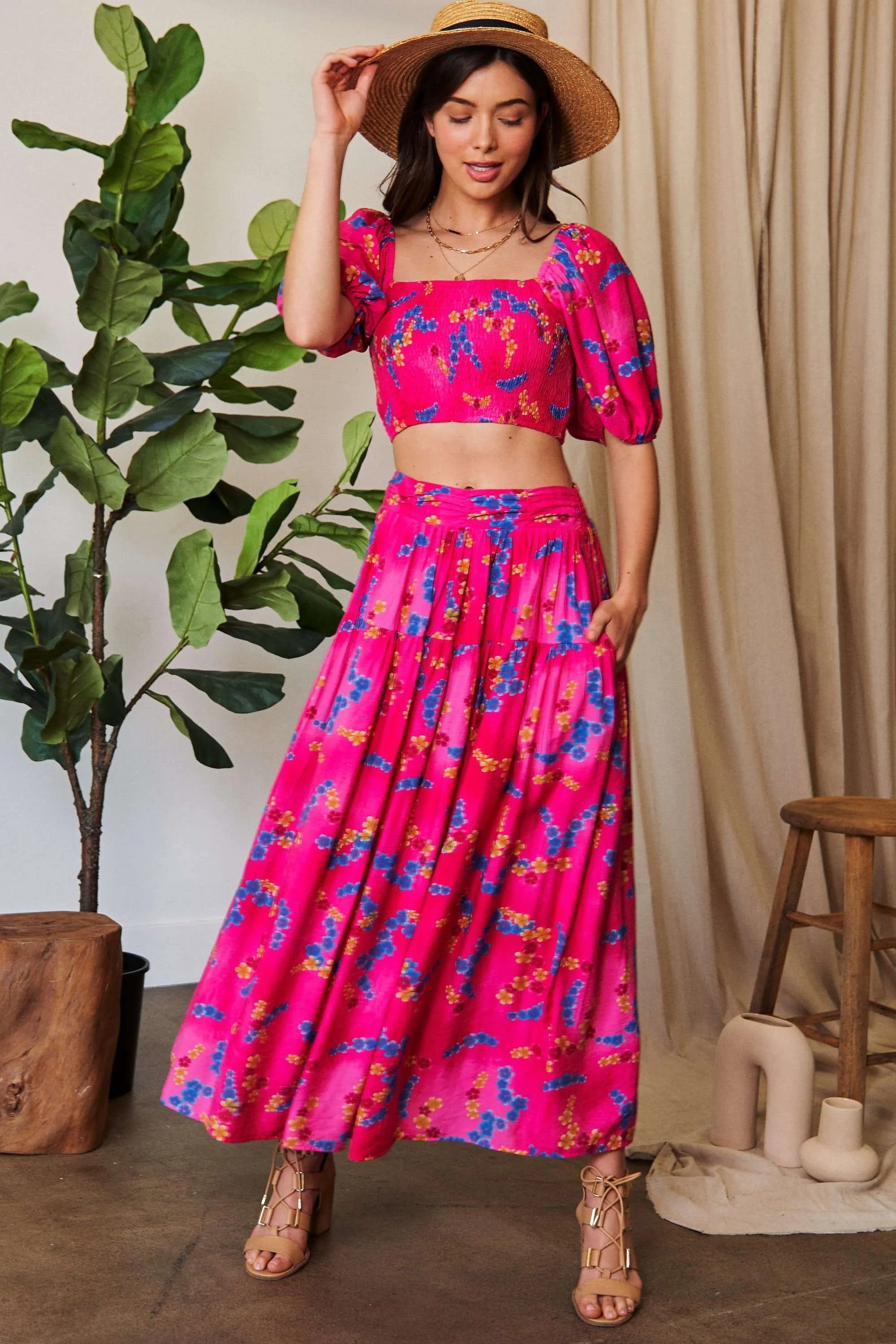 Davi & Dani Smocing Bodice Puff Short Sleeve Printed Crop Top 745a0e896ca147f59052002c5a0425f0-Max-Origin