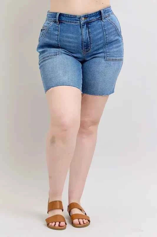 Judy Blue Full Size Mid Rise Bermudas Denim Shorts W/ Back Flap Pockets Plus Size Judy Blue Full Size Mid Rise Bermudas Denim Shorts W/ Back Flap Pockets Plus Size