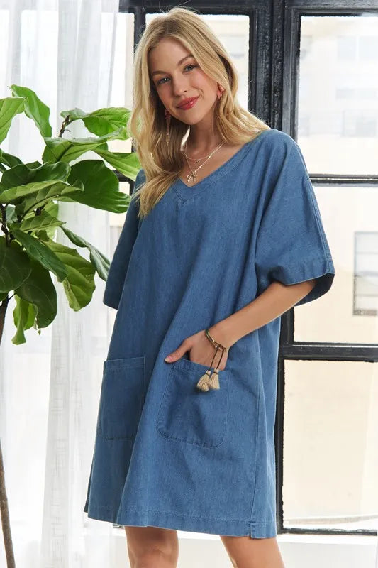 ADORA V-Neck Half Sleeve Mini Denim Dress 7467eefe-127a-4ca7-bc5f-7892a81f60e8-Max