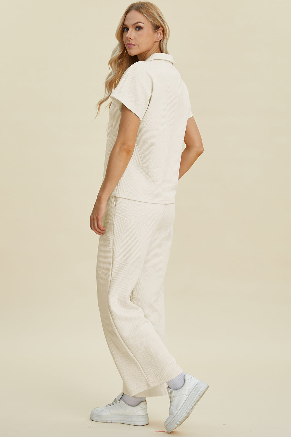 Double Take Full Size Collared Neck Short Sleeve Top and Pants Set Double Take Full Size Collared Neck Short Sleeve Top and Pants Set