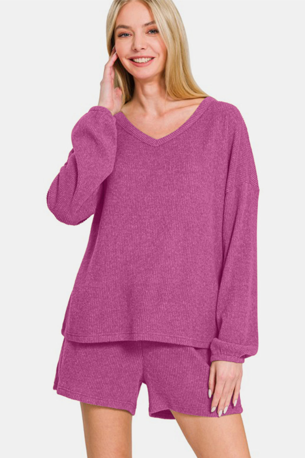 Zenana V-Neck Long Sleeve Ribbed Top and Shorts Set Zenana V-Neck Long Sleeve Ribbed Top and Shorts Set - TopFashionHQ