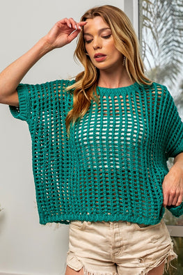 BiBi Hollowed Out Short Sleeve Knit Cover Up - TopFashionHQ