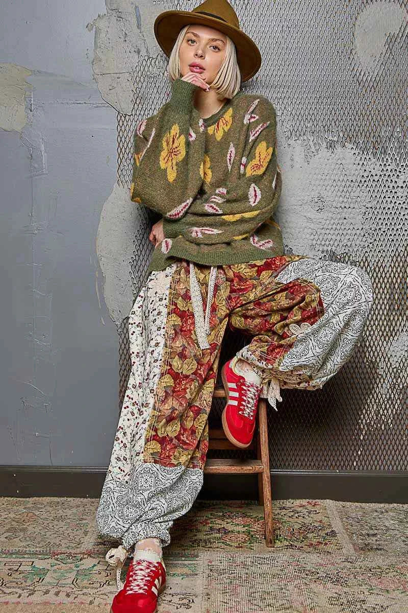 POL Floral Pattern Round Neck Balloon Sleeve Sweater POL Floral Pattern Round Neck Balloon Sleeve Sweater