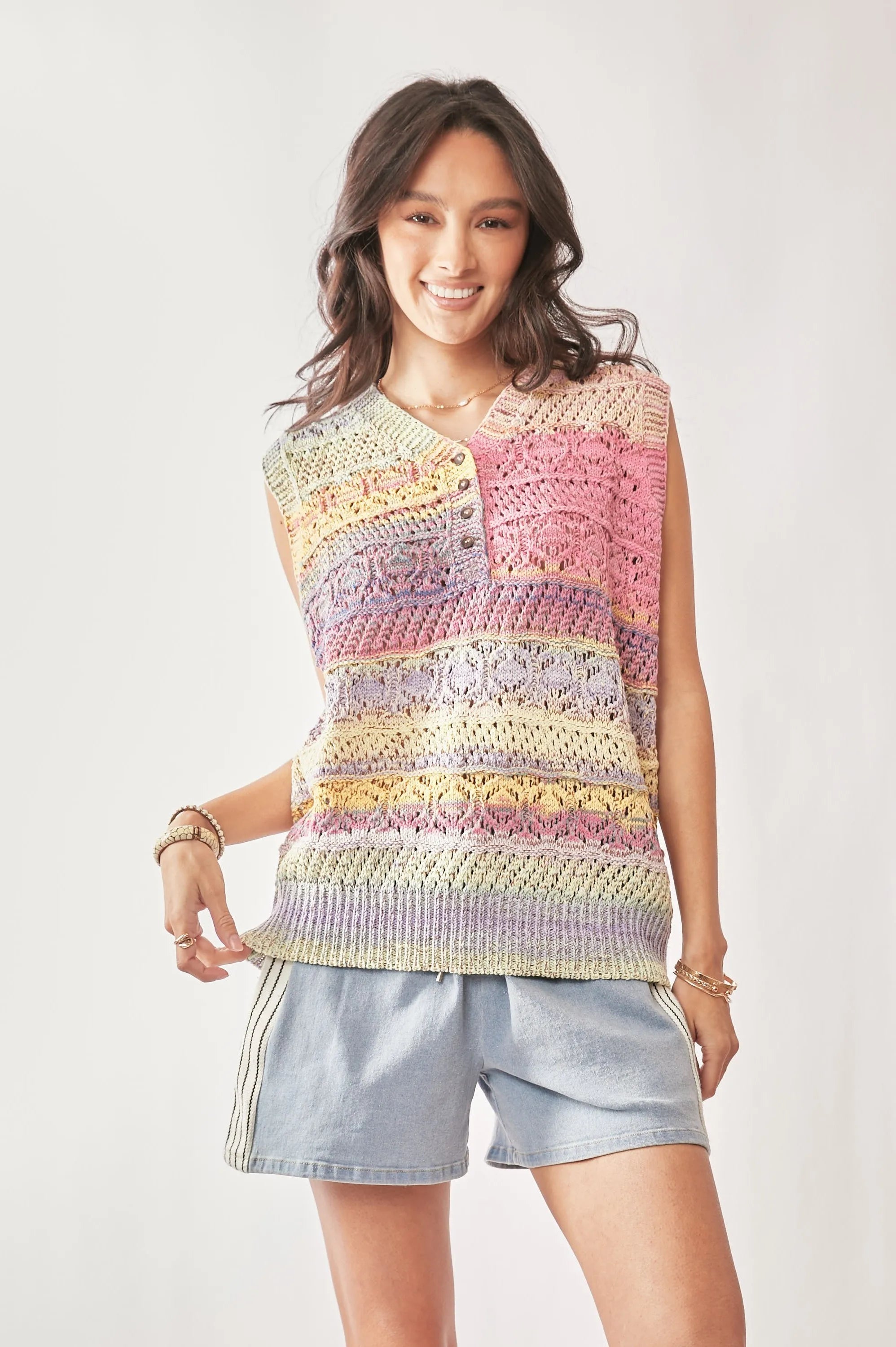 Davi & Dani Multi Color Crochet Sleeveless Knit Vest Top 74b27ba945334a80b55cafe1e0f77236-Max-Origin