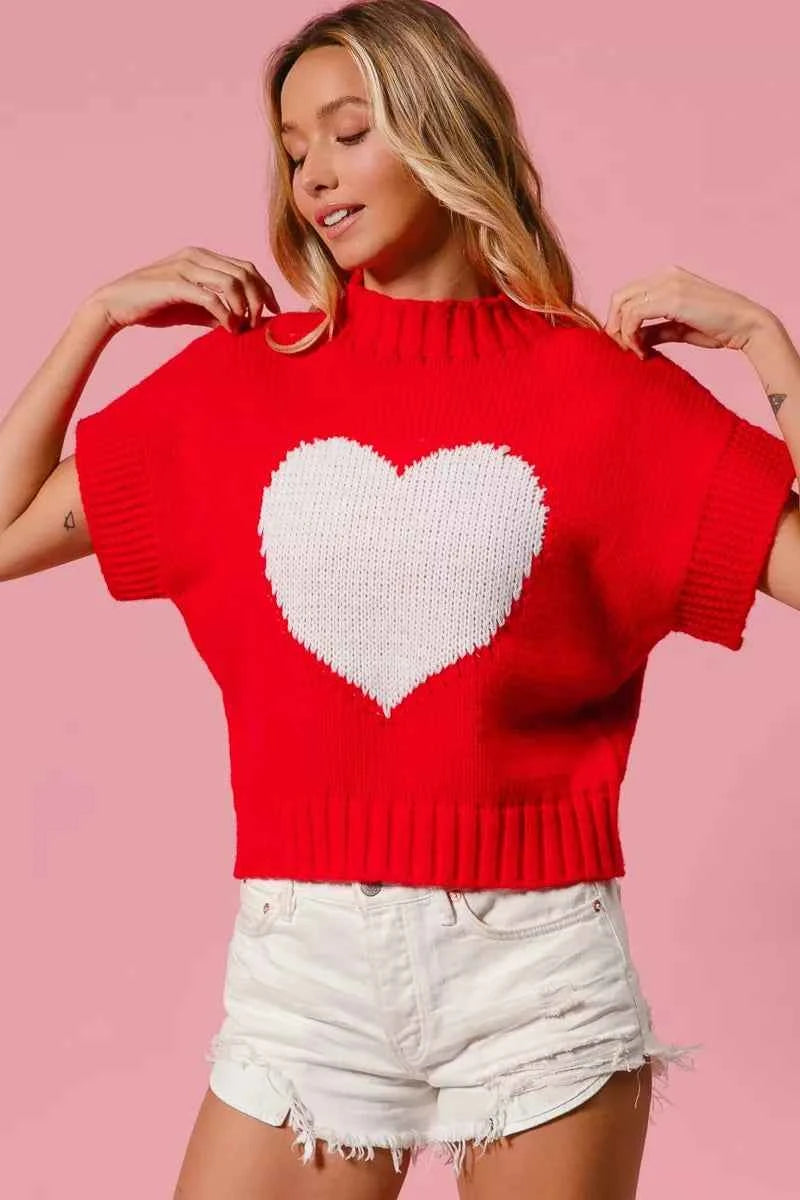 BiBi Rib Banded Heart Pattern Valentines Sweater BiBi Rib Banded Heart Pattern Valentines Sweater