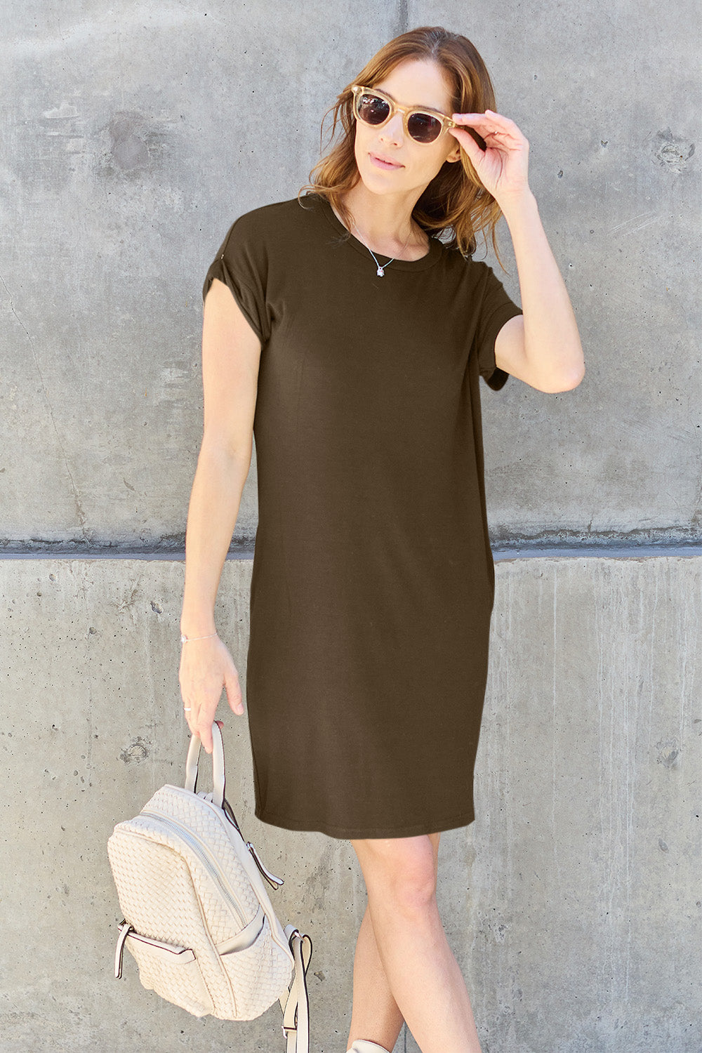 Basic Bae Full Size Round Neck Short Sleeve Dress with Pockets Basic Bae Full Size Round Neck Short Sleeve Dress with Pockets - TopFashionHQ