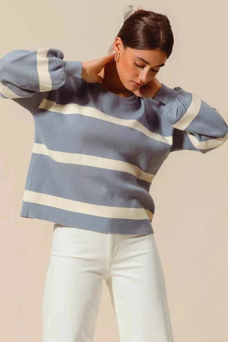 SO ME Ribbed Striped Round Neck Sweater SO ME Ribbed Striped Round Neck Sweater
