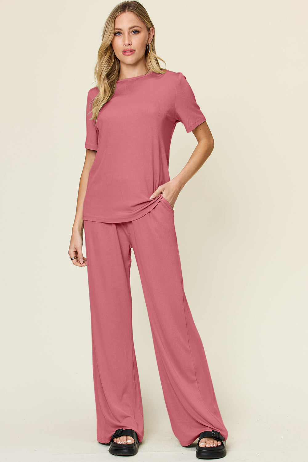 Double Take Full Size Round Neck Short Sleeve T-Shirt and Wide Leg Pants Set Double Take Full Size Round Neck Short Sleeve T-Shirt and Wide Leg Pants Set