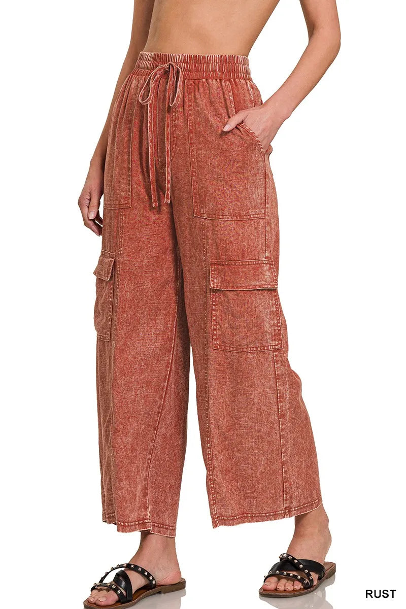 Zenana Washed Linen Elastic Band Waist Cargo Pants 7547d1f635d945ceb491ae6a00e246af-Max-Origin