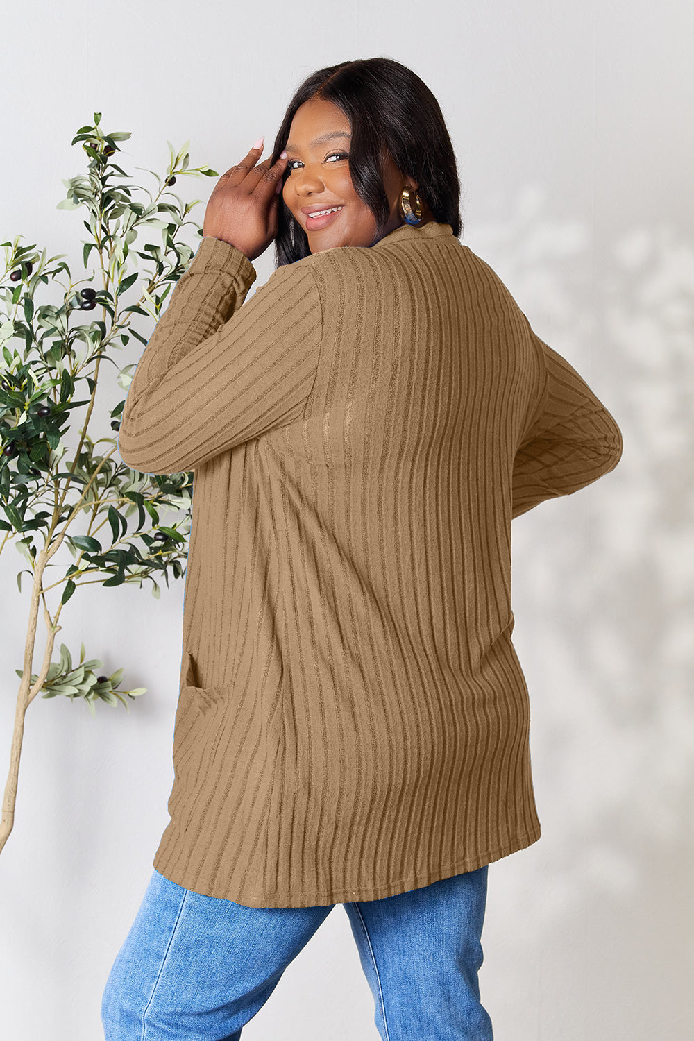 Basic Bae Full Size Ribbed Open Front Cardigan with Pockets Basic Bae Full Size Ribbed Open Front Cardigan with Pockets - TopFashionHQ