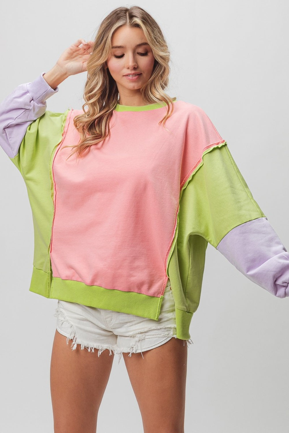 BiBi Washed Color Block Sweatshirt BiBi Washed Color Block Sweatshirt - TopFashionHQ