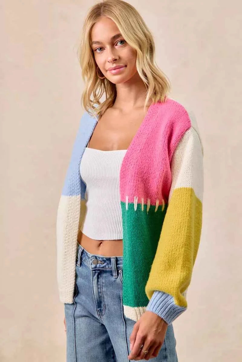 BiBi Color Block Open Front Sweater Cardigan BiBi Color Block Open Front Sweater Cardigan