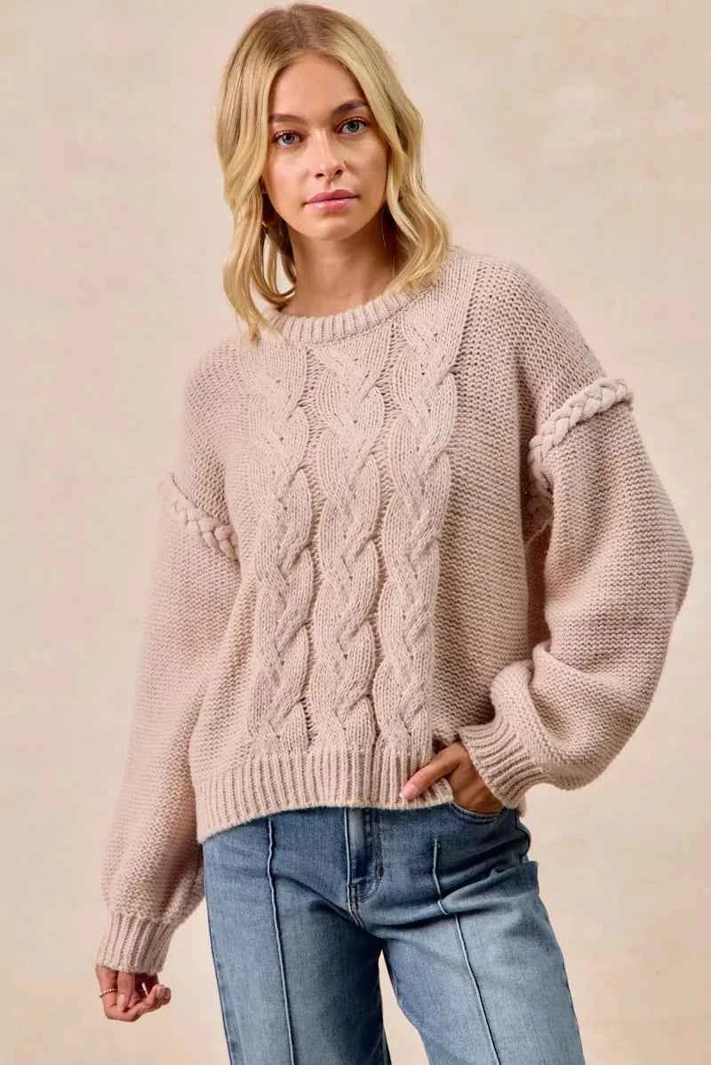 BiBi Cable Knit Sweater with Shoulder Braid Detail BiBi Cable Knit Sweater with Shoulder Braid Detail