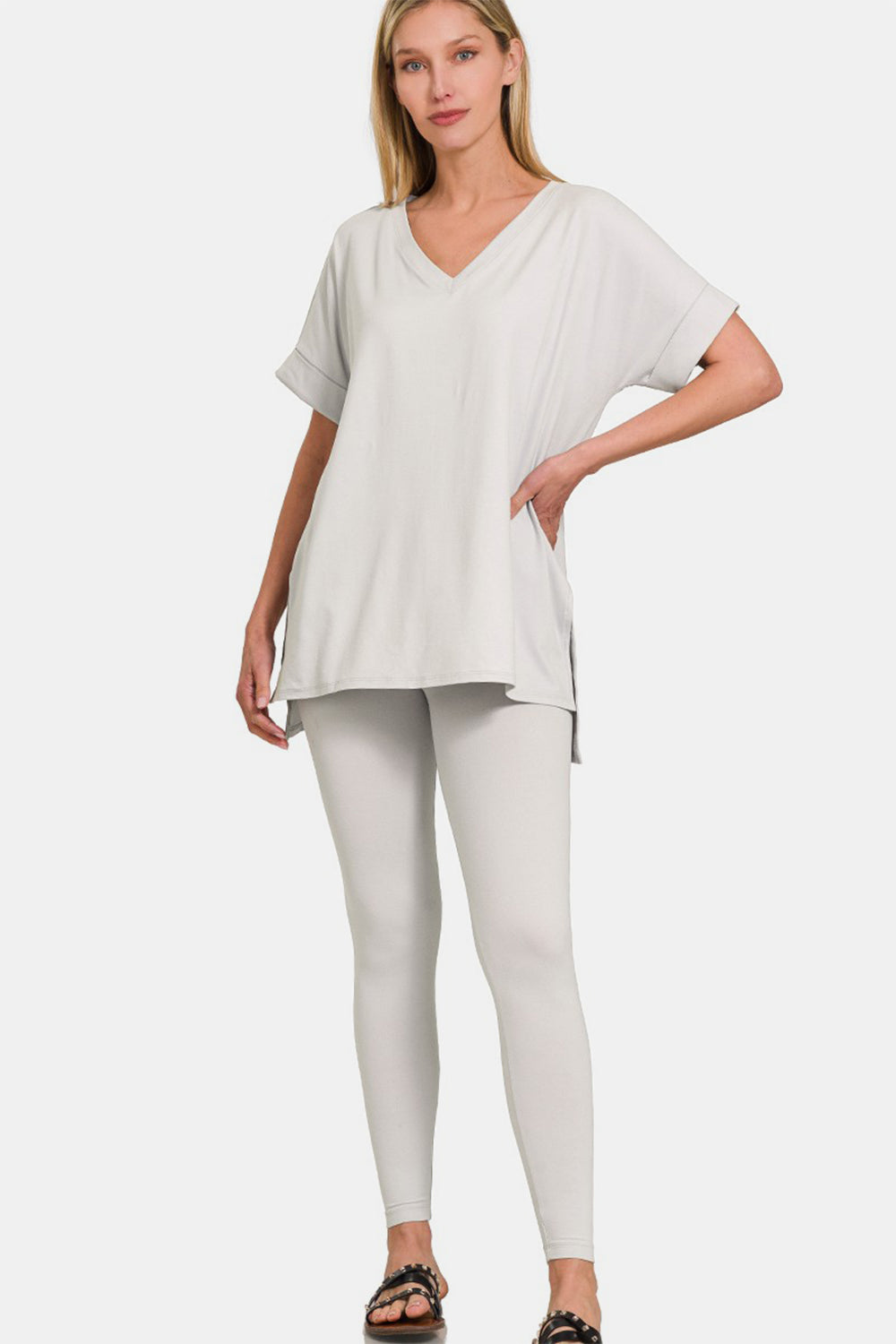 Zenana V-Neck Rolled Short Sleeve T-Shirt and Leggings Lounge Set Zenana V-Neck Rolled Short Sleeve T-Shirt and Leggings Lounge Set - TopFashionHQ