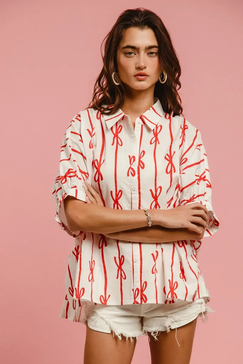 BiBi Bow Ribbon Woven Printed Button Down Shirt 75ce0b60638e41e9952aad0e0caee390-Max-Origin