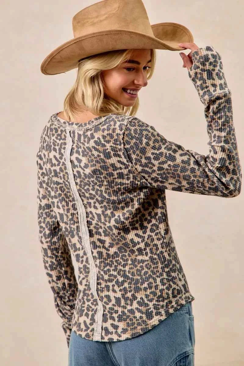 BiBi Leopard Print Washed Waffle Thermal Top with Thumb BiBi Leopard Print Washed Waffle Thermal Top with Thumb