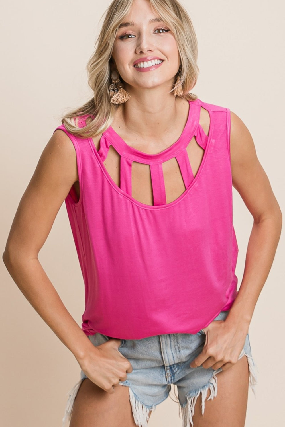 BiBi Cutout Round Neck Sleeveless Top BiBi Cutout Round Neck Sleeveless Top - TopFashionHQ