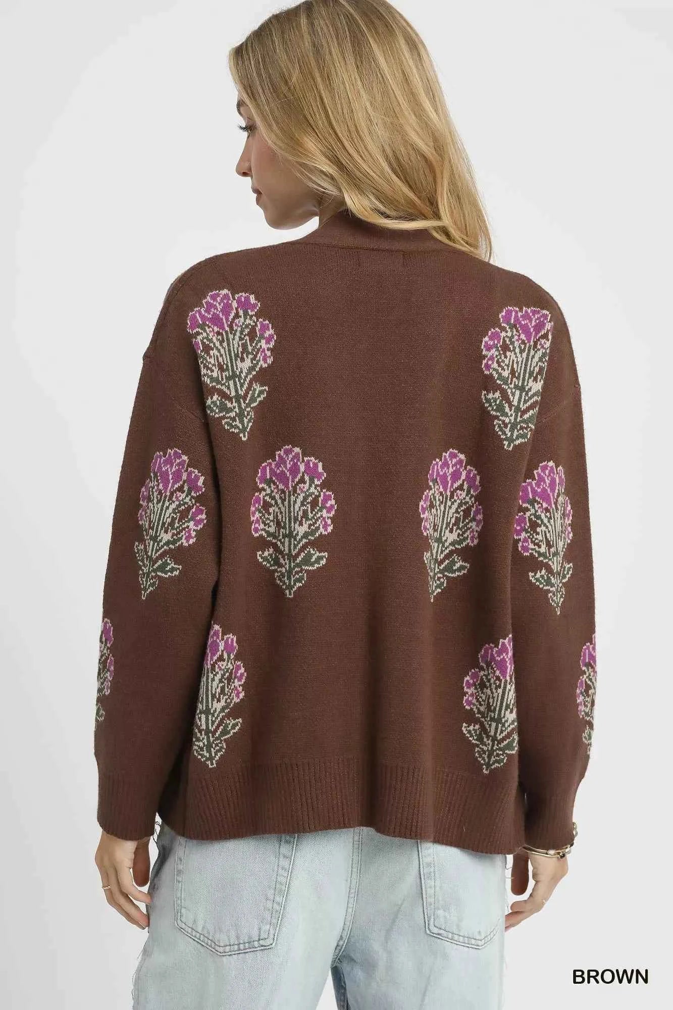 Umgee Single Flower Stem Jacquard Cardigan Sweater Umgee Single Flower Stem Jacquard Cardigan Sweater